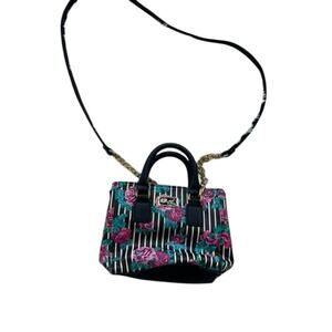 EUC Betsey Johnson black and white striped with pink roses pattern purse bag Y2K